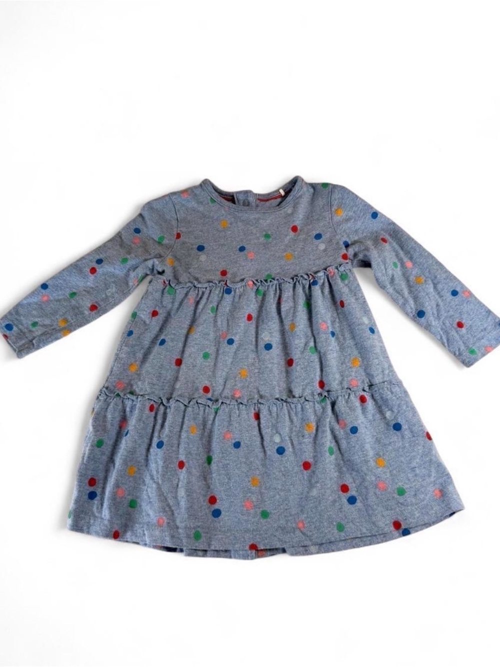 Baby Boden Blue Long Sleeve Tiered Dress with Multicolor Polka Dots